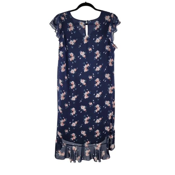Noir Blue Floral Flutter Sleeve High Low V-Neck Shift Dress Women's Size L - Picture 4 of 6